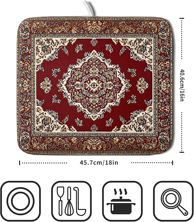 Giwawa Vintage Boho Dish Drying Mat Antique Tribal Rustic Red Floral Dish Drainer Mats 16"x18" Ethnic Carpet Microfiber Reversible Dish Drying Rack Pad Protector for Kitchen Countertop Decor
