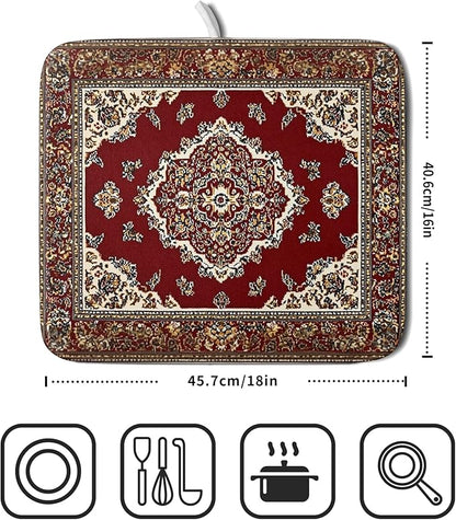 Giwawa Vintage Boho Dish Drying Mat Antique Tribal Rustic Red Floral Dish Drainer Mats 16"x18" Ethnic Carpet Microfiber Reversible Dish Drying Rack Pad Protector for Kitchen Countertop Decor