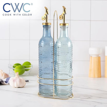COOK WITH COLOR Glass Olive Oil Bottle Dispenser - 2 Pack- 17oz Oil and Vinegar Cruet - Olive Oil Carafe Decanter for Kitchen, Champagne Bubbles, Blue - Image 5