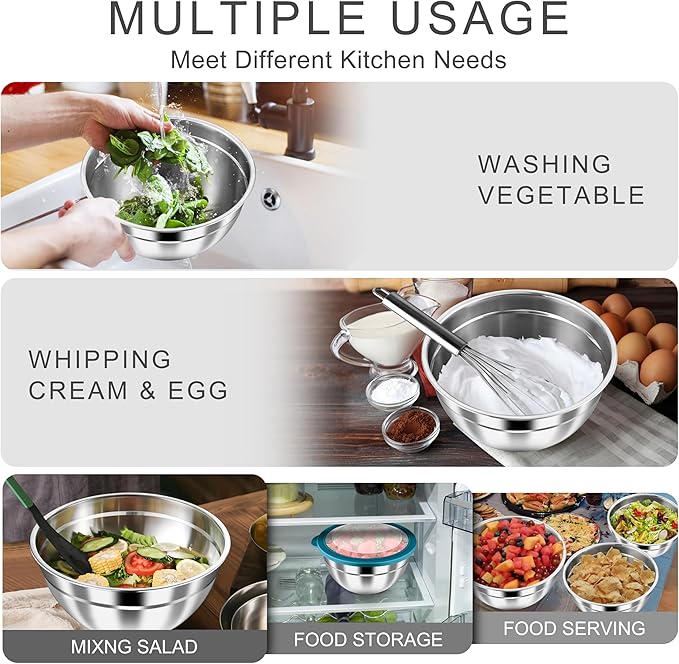 HaWare Mixing Bowls with Airtight Clear Lids, 6-Piece Stainless Steel Strong Nesting Bowls Set, Metal Salad Bowl for Cooking, Prepping, Baking, Serving & Food Storage, Size 4.6, 3, 1.5QT, Teal Blue - Image 6