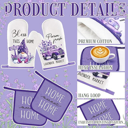 Fourluoo 10 Pcs Lavender Kitchen Decor Set Lavender Kitchen Towels Rugs Oven Mitts and Pot Holders for Cooking Baking Grilling Women Mom Gift