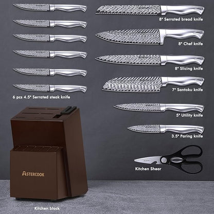 Knife Set, Astercook 15 Pieces Kitchen Knife Set with Built-in Sharpener, German Stainless Steel Knife Block Set, Razor-Sharp Knives with Full-tang Handle, Dishwasher Safe, Mothers Day Gifts - Image 3