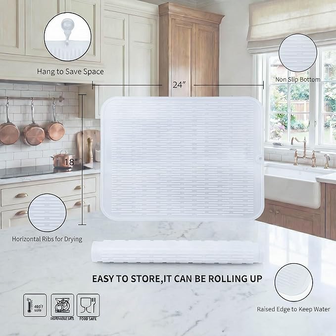 MicoYang Silicone Dish Drying Mat for Multiple Usage,Easy clean,Eco-friendly,Heat-resistant Silicone Mat for Kitchen Counter or Sink,Refrigerator or Drawer Liner Translucent 2XL 24 inches x 18 inches - Image 2