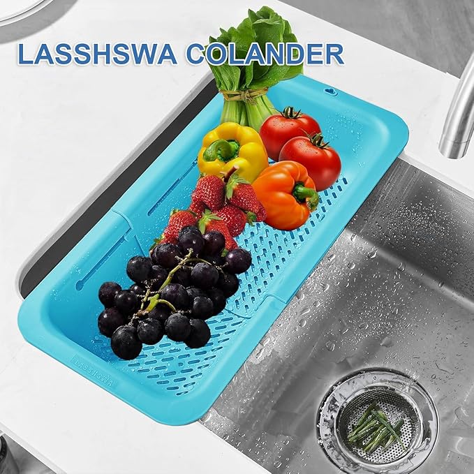 LASSHSWA Collapsible Colander for Kitchen, Over the Sink Strainer Basket for Kitchen, Fruit Pasta Food Strainer Expandable Plastic Colander BPA Free (Blue) - Image 2