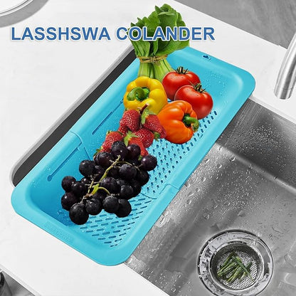 LASSHSWA Collapsible Colander for Kitchen, Over the Sink Strainer Basket for Kitchen, Fruit Pasta Food Strainer Expandable Plastic Colander BPA Free (Blue) - Image 2