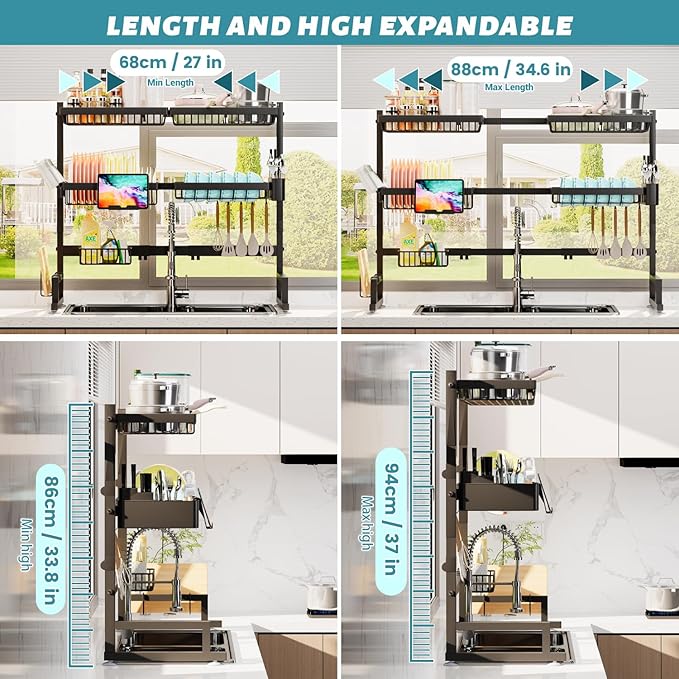 ADBIU Over The Sink Dish Drying Rack (Expandable Height and Length) Snap-On Design 2 Tier Large Dish Rack (27-40L x 12W x 32.5-37H (inches)) - Image 2