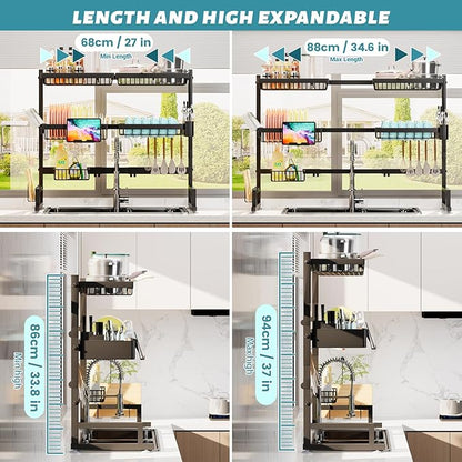 ADBIU Over The Sink Dish Drying Rack (Expandable Height and Length) Snap-On Design 2 Tier Large Dish Rack (27-40L x 12W x 32.5-37H (inches)) - Image 2