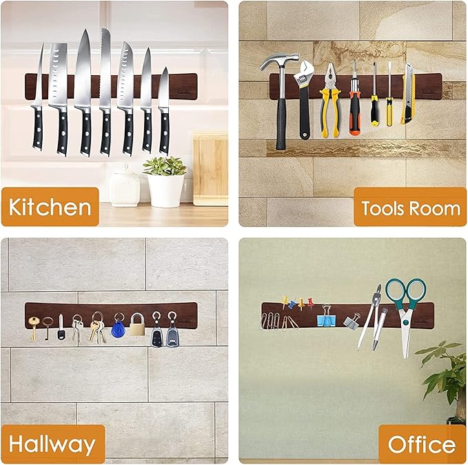 HOSHANHO Magnetic Knife Strips, Magnetic Knife Holder for Wall 16 Inch, Acacia Wood Knife Magnetic Strip Use as Knife Bar, Knife Holder for Kitchen Utensil Organizer - Image 6