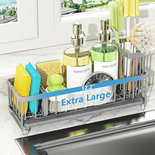 Cisily Extra Large Sink Caddy Organizer with Drying Stone, Gray Sponge Holder for Kitchen, Dish Brush Holder for Countertop, Kitchen Decor Storage and Essentials by CISILYHOMELIFE