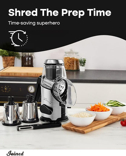 Joined Rotary Cheese Grater with Handle - Mandoline Slicer with 3 Stainless Steel Drum Blades-Vegetable Slicer Walnuts Grinder Cheese Shredder Round Mandoline with Peeler