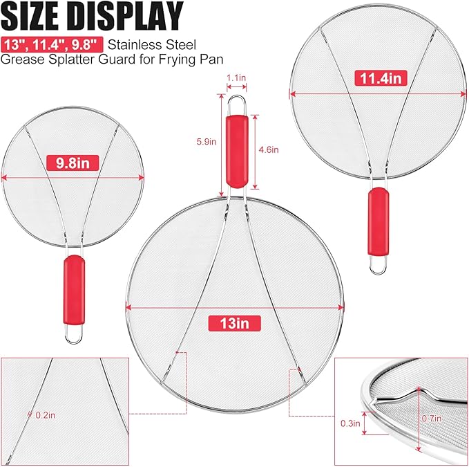 Stainless Steel Splatter Screen for Frying Pan - 9.8" 11.4" 13" Ultra Fine Mesh Grease Splatter Guard, Hot Oil Splatter Guard Shield Grease for Cooking, Kitchen Splash Guard to Prevent Oil Splatter - Image 2