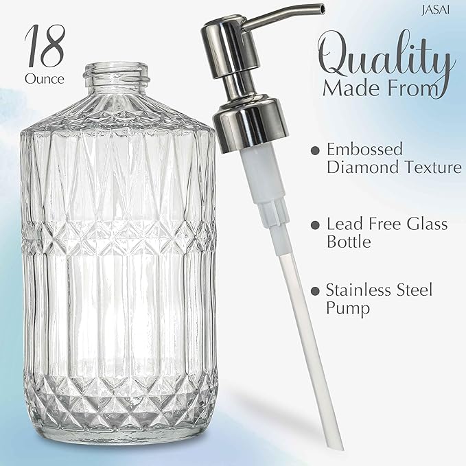JASAI 18 Oz Embossed Clear Glass Soap Dispenser with Rust Proof Pump, Refillable Dish soap Dispenser for Kitchen, Premium Bathroom Soap Dispenser for Hand soap, Lotion (Clear). - Image 2