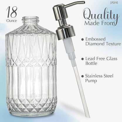 JASAI 18 Oz Embossed Clear Glass Soap Dispenser with Rust Proof Pump, Refillable Dish soap Dispenser for Kitchen, Premium Bathroom Soap Dispenser for Hand soap, Lotion (Clear). - Image 2