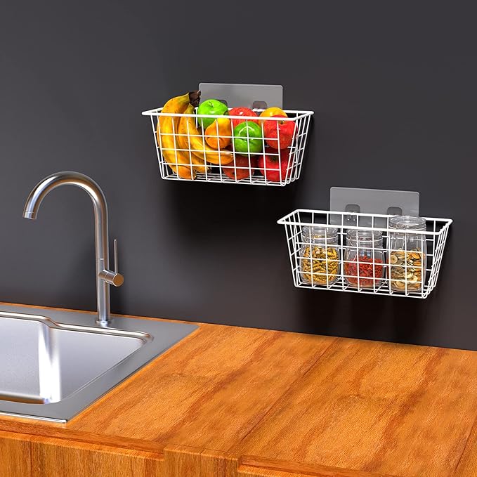MaraFansie Wall Wire Baskets Bin No Drilling Adhesive Hanging Baskets Wall Mounted for Cabinet & Pantry Organization and Kitchen, Bathroom, Bedroom Storage, 2 Pack, White - Image 7