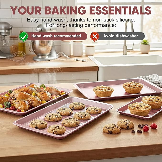 Sakerplus Nonstick Baking Sheet Pan Set of 3, Heavy Duty Cookie Sheets for Oven with Stripe Texture Pattern, 0.6mm Thick Quarter/Half/Jelly Roll Pans, Rust-Resistant & Easy Clean (Pink) - Image 2