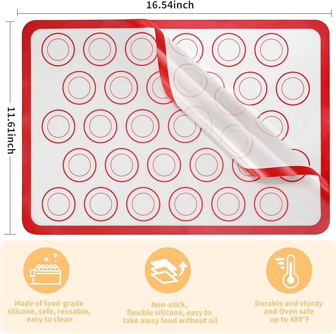 Luckyiren 2-Pack Baking Mat with Circles – Silicone Macaron & Cookie Sheet Liners, Non-Stick BPA-Free Reusable Silicone Mats for Half Sheet Pans for Precision Baking & Candy, White with Red Edge