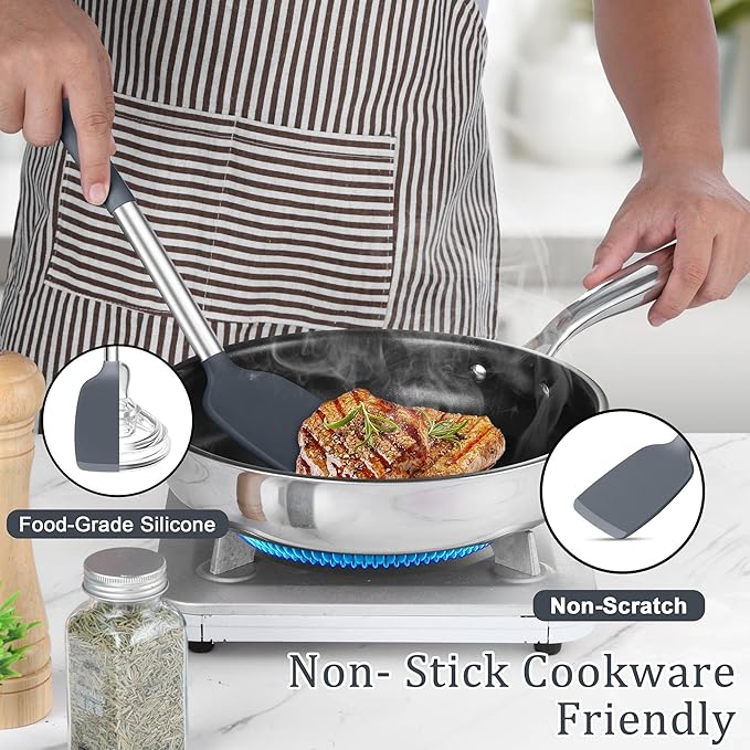 TeamFar Silicone Cooking Utensils Set, 5 PCS Heat-Proof Kitchen Utensils with Stainless Steel Handle, Turner/Spoon/Pasta Server for Nonstick Cookware Frying Flipping Draining, Light Grey - Image 5