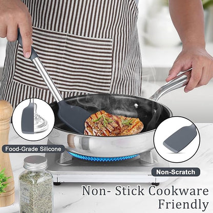 TeamFar Silicone Cooking Utensils Set, 5 PCS Heat-Proof Kitchen Utensils with Stainless Steel Handle, Turner/Spoon/Pasta Server for Nonstick Cookware Frying Flipping Draining, Light Grey - Image 5