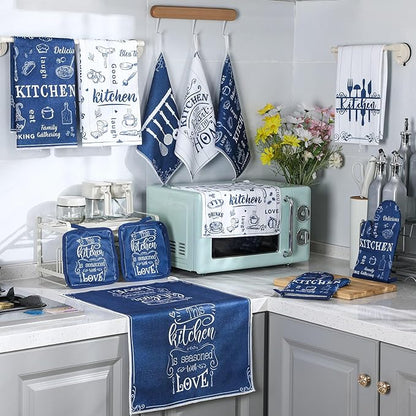 12 Pcs Farmhouse Kitchen Oven Mitts and Pot Holders Decor Sets 4 Blue Kitchen Hand Towels 4 Absorbent Dishcloths 2 Pot Holders 2 Oven Mitts Glove for Home Decorations Mom Baking Cooking Grilling Gift