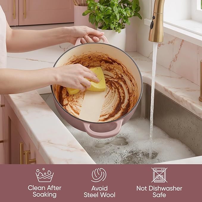 4.5 Quart Dutch Oven Pot with Lid, Non Stick Enameled Cast Iron Dutch Oven for Bread Baking, Heavy-Duty, Oven Safe Ceramic Cookware Up to 500°F for Baking, Braising, Stews, Roasting, Pink - Image 5