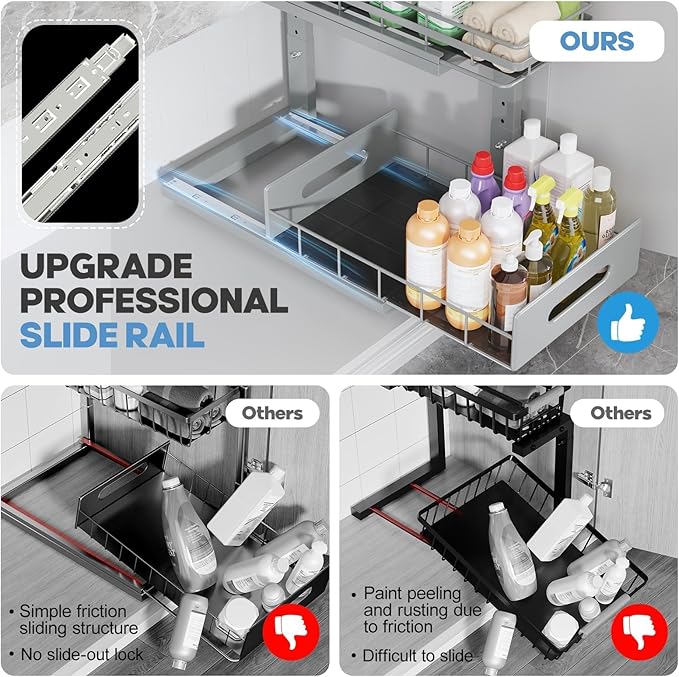 Under Sink Organizer Upgrade To Professional Rails,2-Tier Dual Pull Out Cabinet Storage,Height Adjustable Slide Out Drawers For Bathroom Kitchen,2 Pack-14.5"Dx12.8"-16.9"H,Gun Gray - Image 3