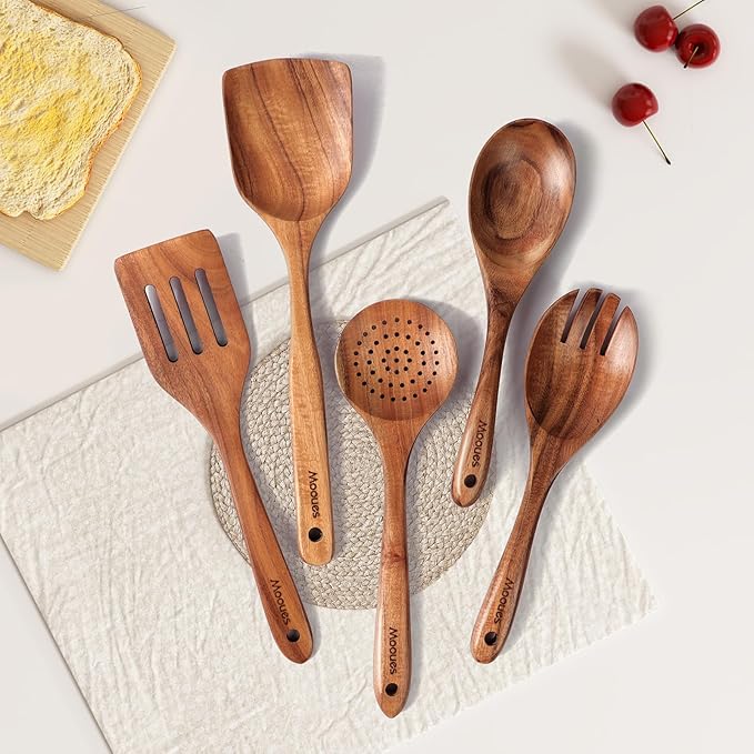 Wooden Spoons for Cooking, Wooden Utensils for Cooking Natural Teak Wooden Kitchen Utensils Set Comfort Grip(5 PCS SET) - Image 7