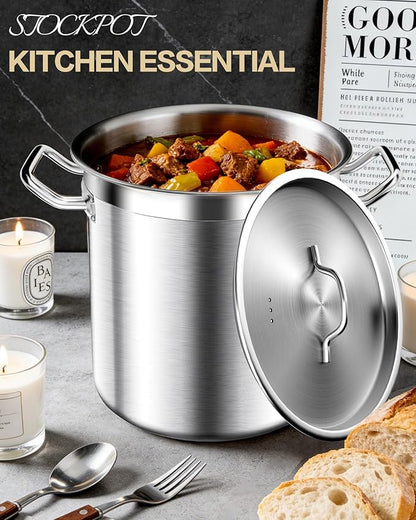STOCKPOT 50 Quart Stainless Steel Stock Pot with Lid – Heavy Duty Cooking Pot for Soup, Commercial Soup Pots, 3-Ply Induction Bottom, Oven Safe