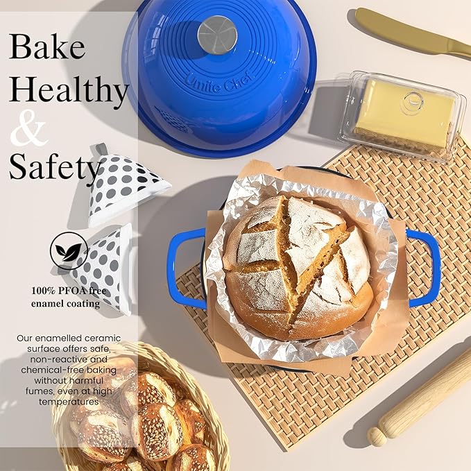 Enamelled Cast Iron Dutch Oven Pot – Dutch Oven Pot with Lid For Sourdough Bread Baking – Cast Iron Bread Oven – Dark Blue, Umite Chef 6QT Pot with Lid & Cotton Potholders - Image 2