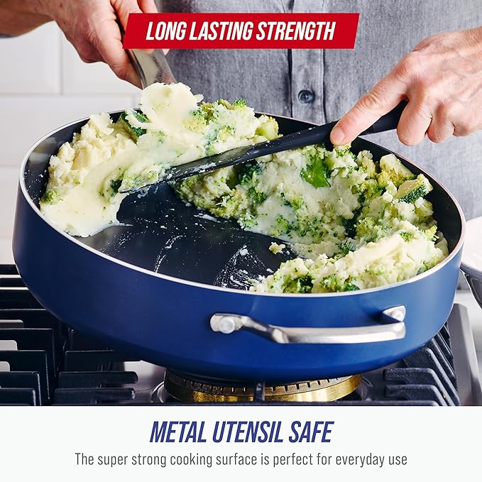 Blue Diamond 5QT Saute Pan with Lid, Non Toxic PFAS-Free Diamond Ceramic Nonstick, Dishwasher & Oven Safe, Metal Utensil Safe, Deep Jumbo Cooker Skillet with Helper Handle, Glass Lid, Blue - Image 5