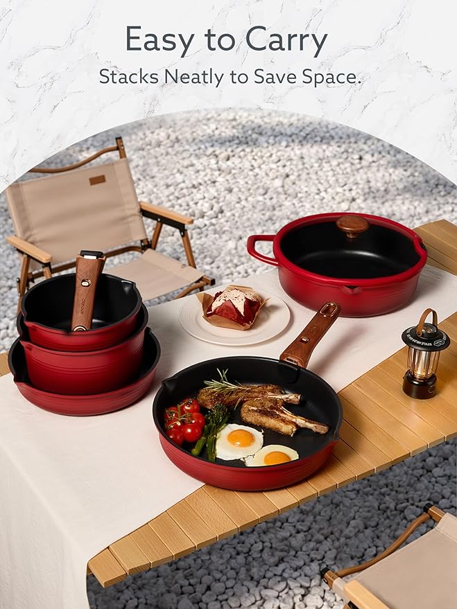 CAROTE 20Pcs Titanium Cookware Set, Pots and Pans Set Non Stick, Kitchen Cooking Set with Detachable Handle, Non Toxic Induction Cookware - Camping Cookware, Dishwasher/Oven Safe, Red - Image 7
