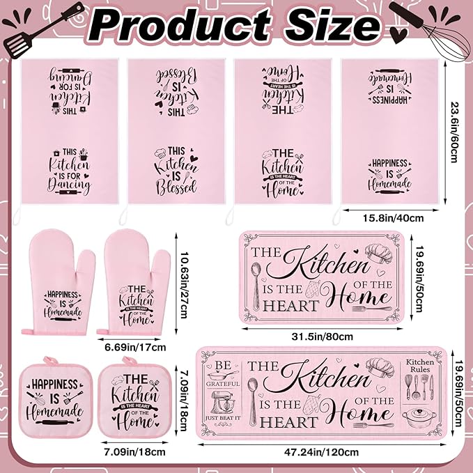 Fourluoo 10 Pcs Farmhouse Kitchen Decor and Accessories Set 4 Kitchen Towels 2 Pot Holders 2 Oven Mitts 2 Rugs for Cooking Baking Mom Housewarming Gifts(Pink,Classic Style) - Image 3