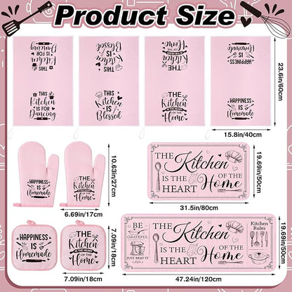 Fourluoo 10 Pcs Farmhouse Kitchen Decor and Accessories Set 4 Kitchen Towels 2 Pot Holders 2 Oven Mitts 2 Rugs for Cooking Baking Mom Housewarming Gifts(Pink,Classic Style) - Image 3