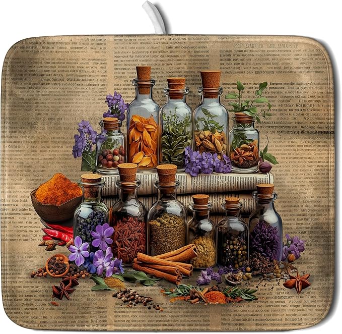 Vintage Kitchen Dish Drying Mat - Spice Bottle Decorative Dish Sink Rack Pad 16 X 18 Inch by Giwawa
