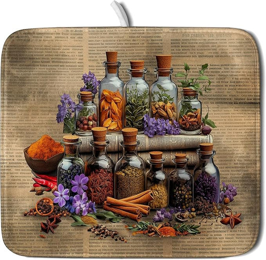 Vintage Kitchen Dish Drying Mat - Spice Bottle Decorative Dish Sink Rack Pad 16 X 18 Inch by Giwawa