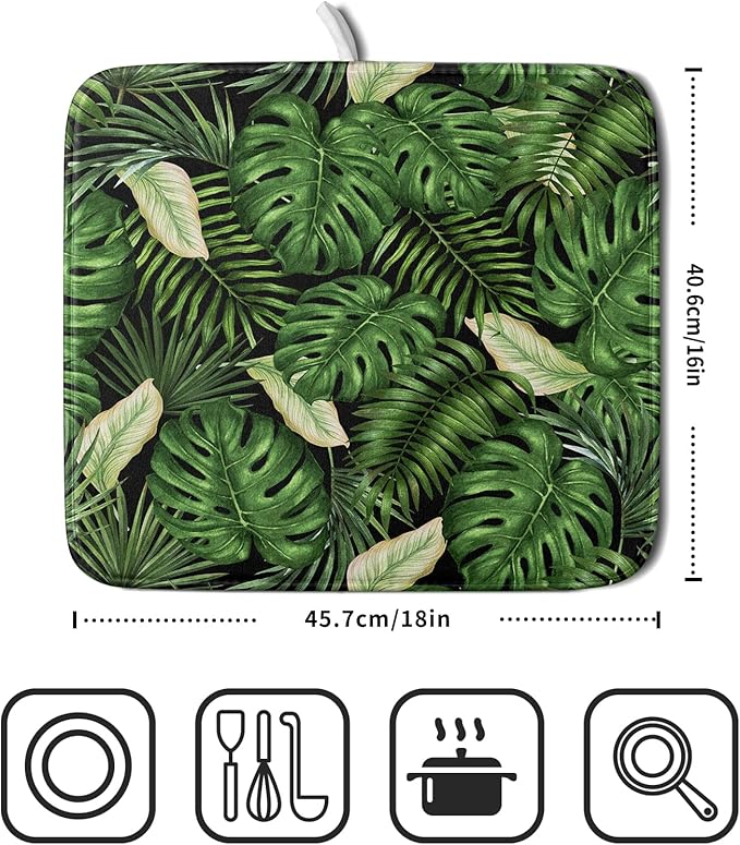 Giwawa Tropical Palm Leaf Dish Drying Mat for Kitchen Countertop, 16"x18" Summer Green Monstera Dish Drainer Mats, Hawaiian Banana Leaves Fast Dry Microfiber Large Dish Drying Pad Decoration
