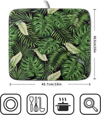Giwawa Tropical Palm Leaf Dish Drying Mat for Kitchen Countertop, 16"x18" Summer Green Monstera Dish Drainer Mats, Hawaiian Banana Leaves Fast Dry Microfiber Large Dish Drying Pad Decoration