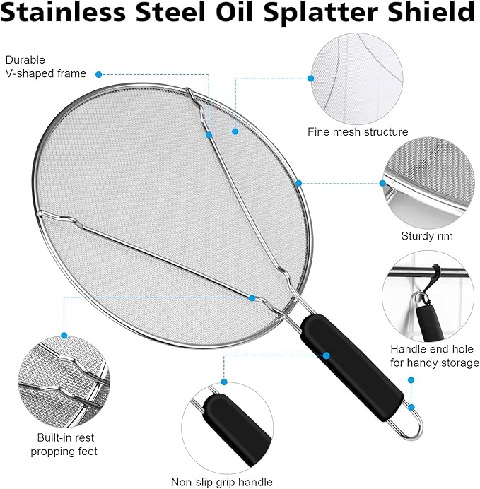 Splatter Screen for Frying Pan - 9.8" 11.4" 13" Stainless Steel Fine Mesh Grease Splatter Guard with Silicone Handle, Hot Oil Splash Guard for Cooking to Prevent Oil Splatter, Safe Cooking - Image 3