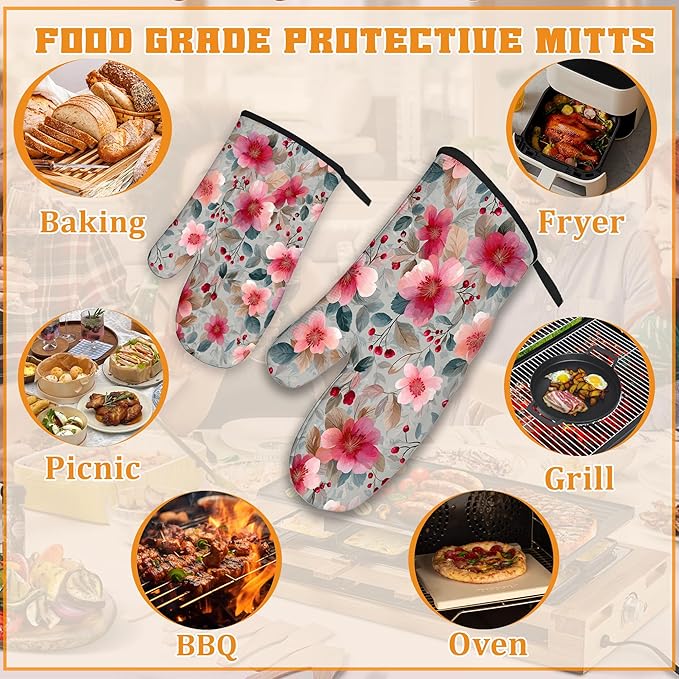 Vintage Pink Cherry Blossoms Oven Mitts and Pot Holders,Heat Resistant Oven Mitts Gloves and Pot Holder for Home Kitchen Decorations Cooking Baking BBQ Gifts,Set of 4