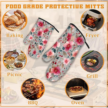 Vintage Pink Cherry Blossoms Oven Mitts and Pot Holders,Heat Resistant Oven Mitts Gloves and Pot Holder for Home Kitchen Decorations Cooking Baking BBQ Gifts,Set of 4