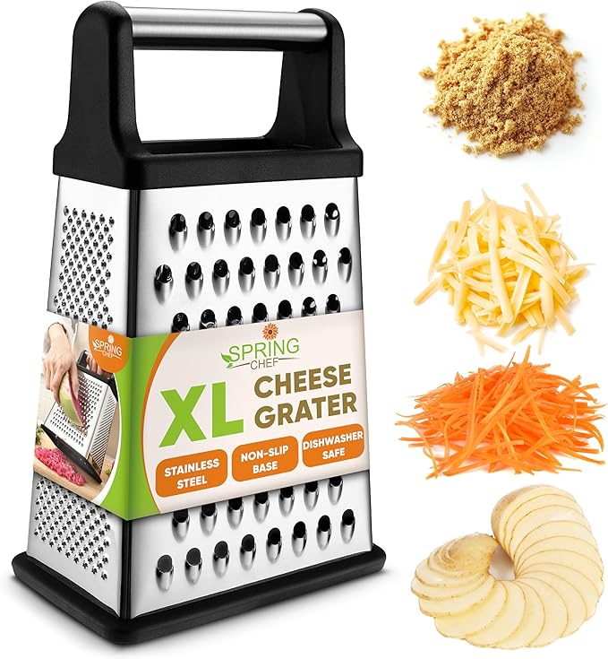 Spring Chef Professional Cheese Grater - Stainless Steel, XL Size, 4 Sides - Perfect Box Grater for Parmesan Cheese, Vegetables, Ginger - Dishwasher Safe - Black by SpringChef