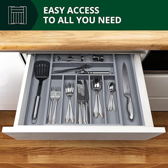 ROYAL CRAFT WOOD Luxury Bamboo Kitchen Drawer Organizer - Silverware Organizer - Utensil Holder and Cutlery Tray with Grooved Drawer Dividers for Flatware and Kitchen Utensils (9 Slot, Gray) - Image 6