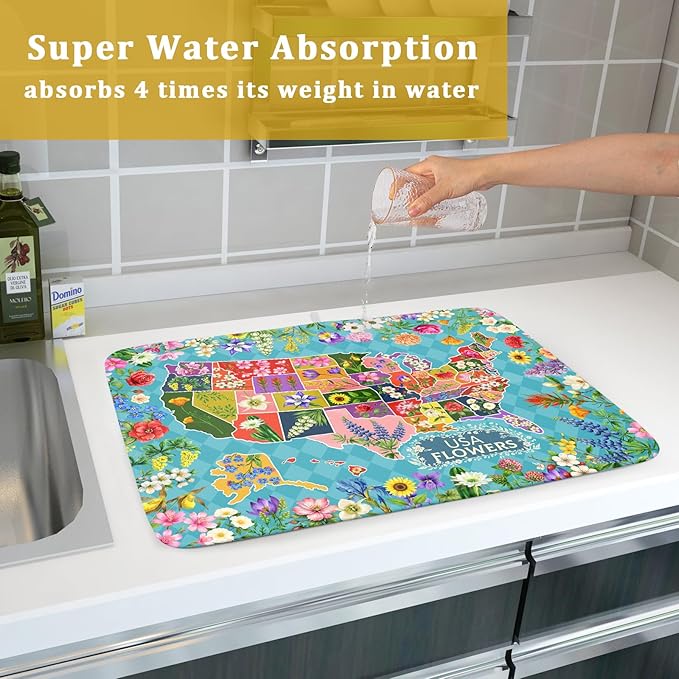 Flower Map Dish Drying Mat Colorful Floral Microfiber Large Dish Drying Pad for Kitchen Counter 18 X 24 In - Image 7