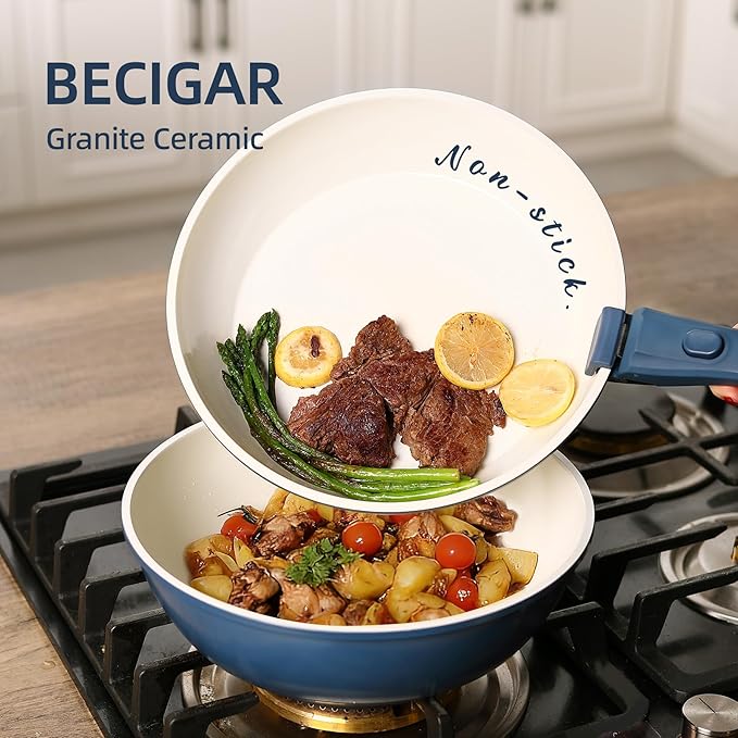 BECIGAR 23pcs Ceramic Pots and Pans Set, Nonstick Detachable Handle Cookware, Induction Kitchen Cooking Set with Removable Handle,include Frying Pans & Saucepans Oven Safe(Blue) - Image 8