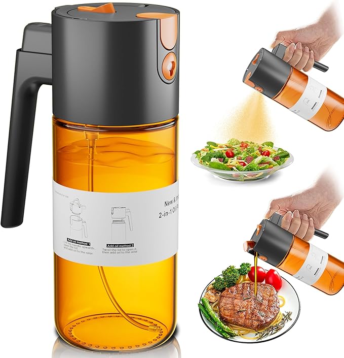 OURCABECUE Upgrade 2 in 1 Oil Sprayer for Cooking, 17oz Light-Blocking Glass Olive Oil Dispenser Bottle for Kitchen,Food-Grade Oil Mister with 8 Stickers for Salad, Frying(Amber Bottle-Black Gap) by OURCABECUE