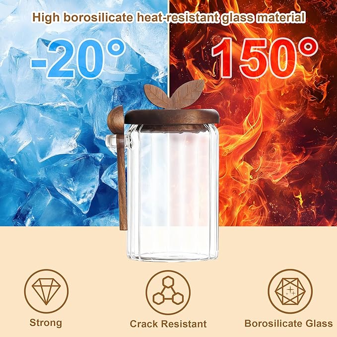 holoith 2 Pack Sugar Bowl Sugar Container 27oz Glass Jars with Bamboo Lid and Spoon, Airtight Food Storage Jar for Coffee Bar, Kitchen Canisters for Coffee Beans, Spice, Brown Sugars, Nuts, Candy - Image 6