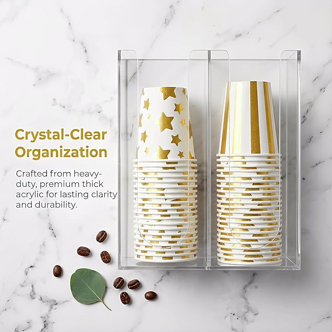 Acrylic Coffee Cup and Lid Storage Organizer Holder, 2 Compartments Disposable Paper Cup Dispenser, Clear Plastic Cups and Lids Organizer for Kitchen, Countertop, Coffee Bar