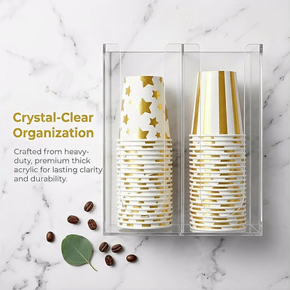 Acrylic Coffee Cup and Lid Storage Organizer Holder, 2 Compartments Disposable Paper Cup Dispenser, Clear Plastic Cups and Lids Organizer for Kitchen, Countertop, Coffee Bar