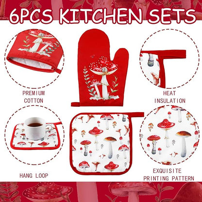 Bencailor 6 Pcs Mushroom Kitchen Towels Oven Mitts and Pot Holders Decorative Dish Tea Towels Non Slip Heat Resistant Oven Gloves for Spring Summer Home Cooking Dish Baking BBQ, Red, Black - Image 5