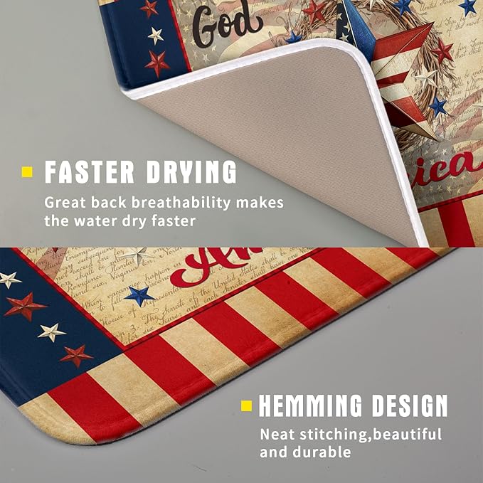 4th of July God Bless Dish Drying Mat for Kitchen Counter,American Flag Star Patriotic Independence Day Drying Mat 16 x 18 Inch with Absorbent Reversible Microfiber Drying Pad for Coffee Bar - Image 3