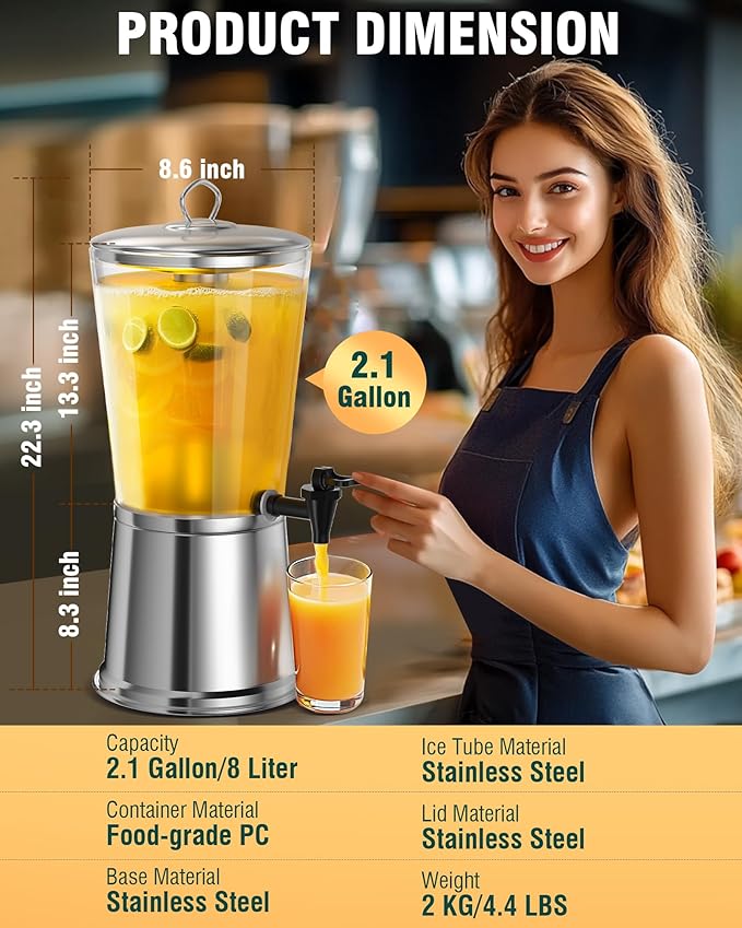 WantJoin Beverage Dispenser With Stand, Drink Dispenser for Party, Stainless Steel Water Dispenser with Ice Core, Spigot, Drink Jar Jug For Home Parties Lemonade, Clear Acrylic, 2-GALLONS 8 Liters - Image 3